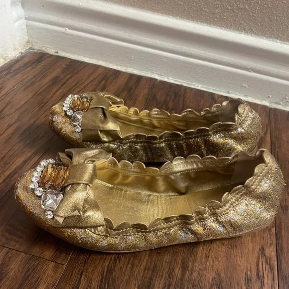 Miu Miu Metallic Gold Jeweled Bow Flats - Picture 2 of 6